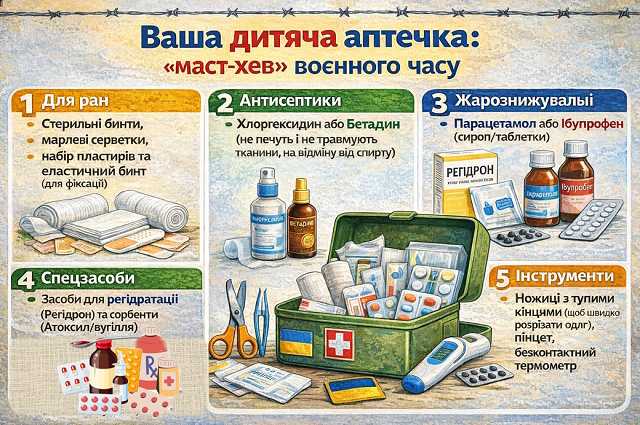 Домедична допомога дитині та склад аптечки: що важливо знати батькам в умовах воєнного стану